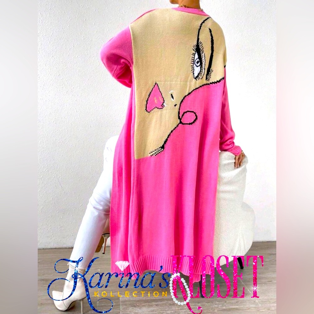 Fierce Boss Babe Cardigan Long Sweater, Cream & Pink Duster 🎀 NWT Pink Lips